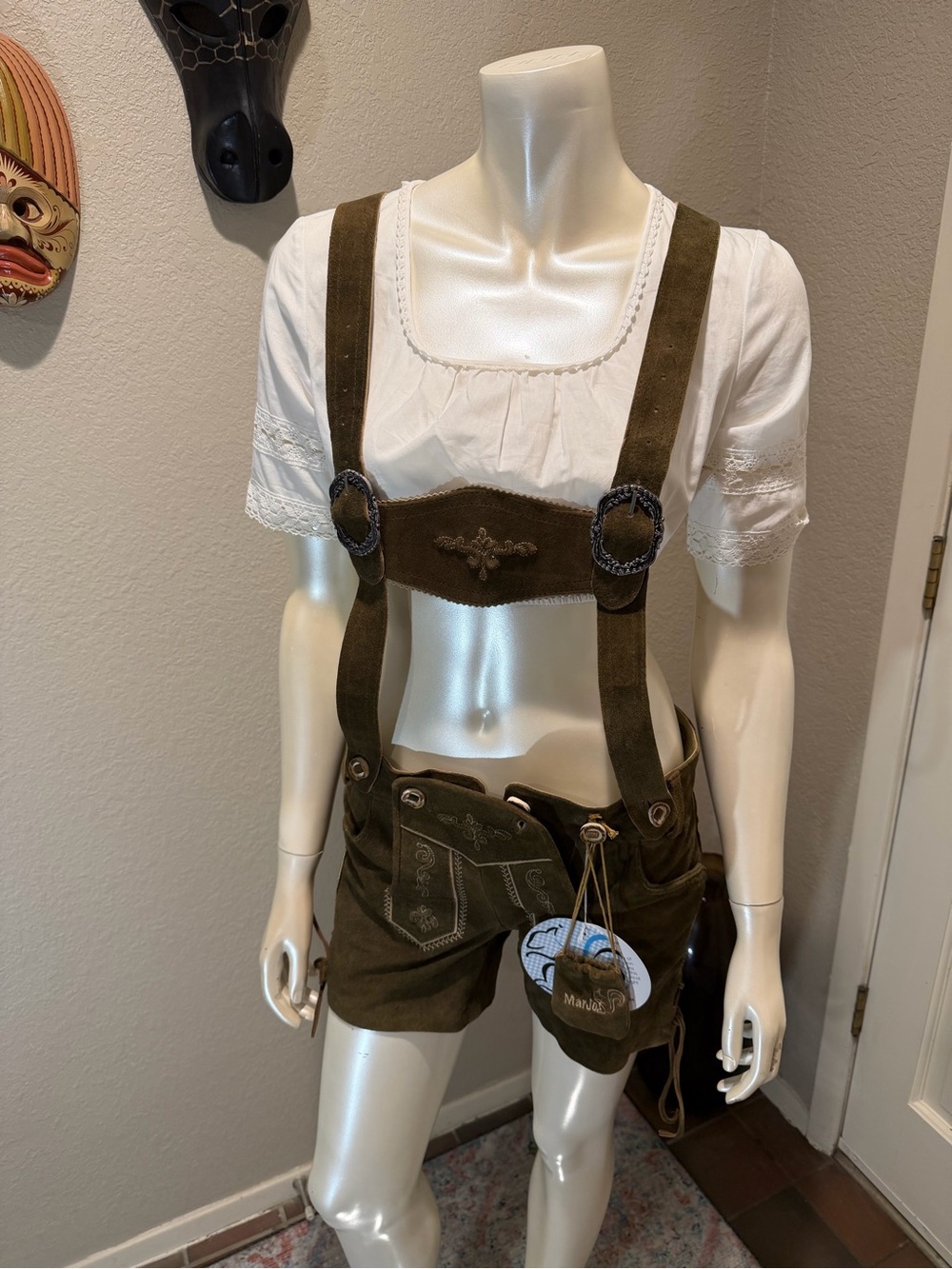 Olive Green Suede Lederhosen Shorts with Embroidered Suspenders